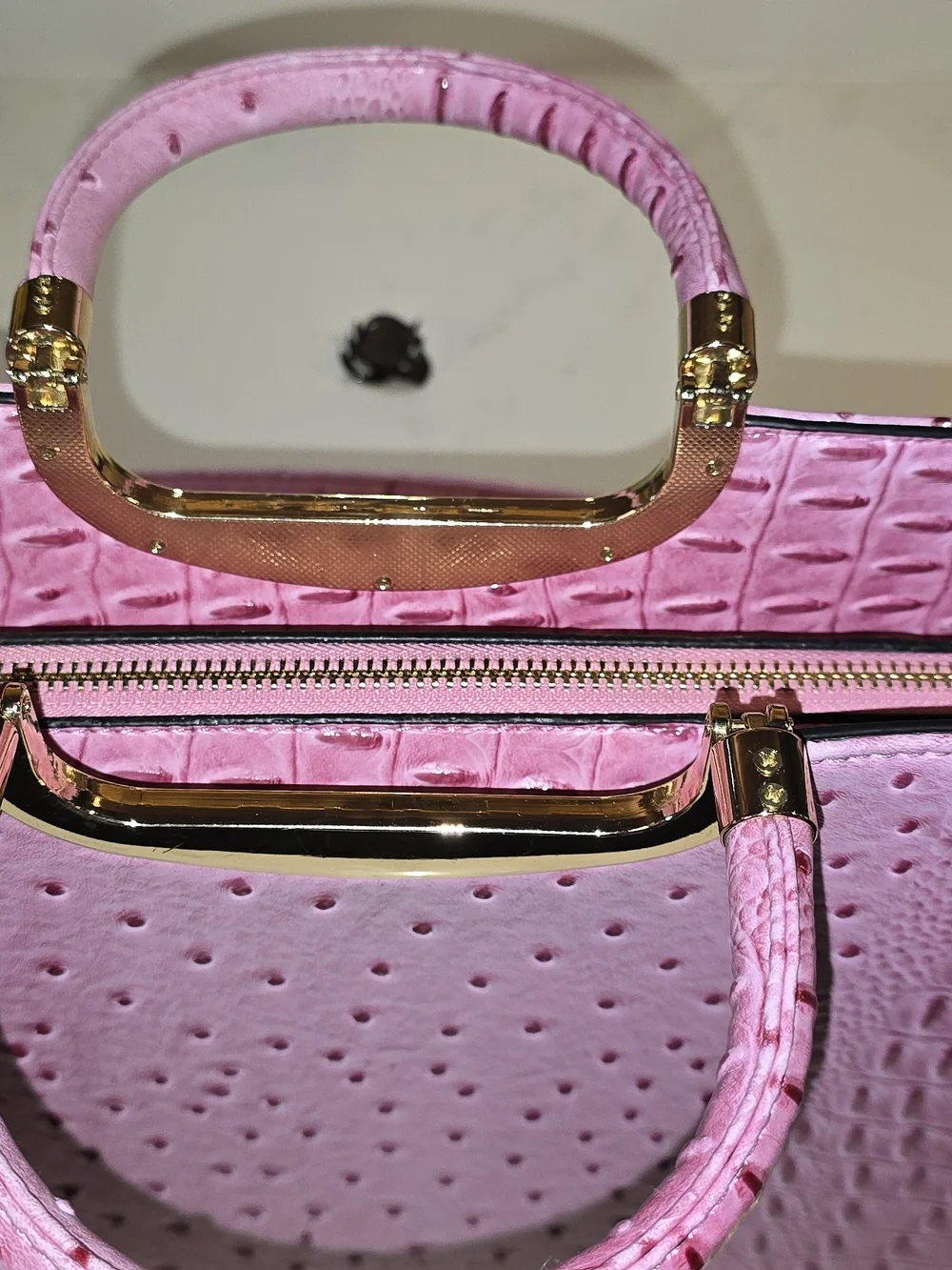 Dasein Structured Pink Faux Ostrich & Crocodile Embossed Satchel Handbag